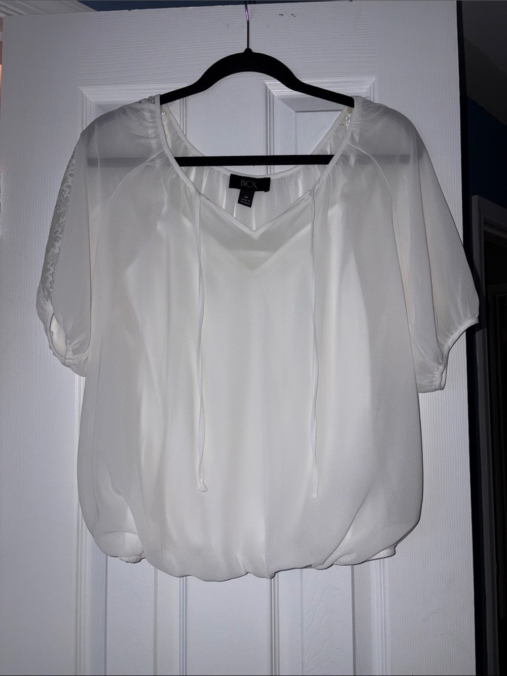 BCX Cream Short-Sleeve V-Neck Tie Blouse